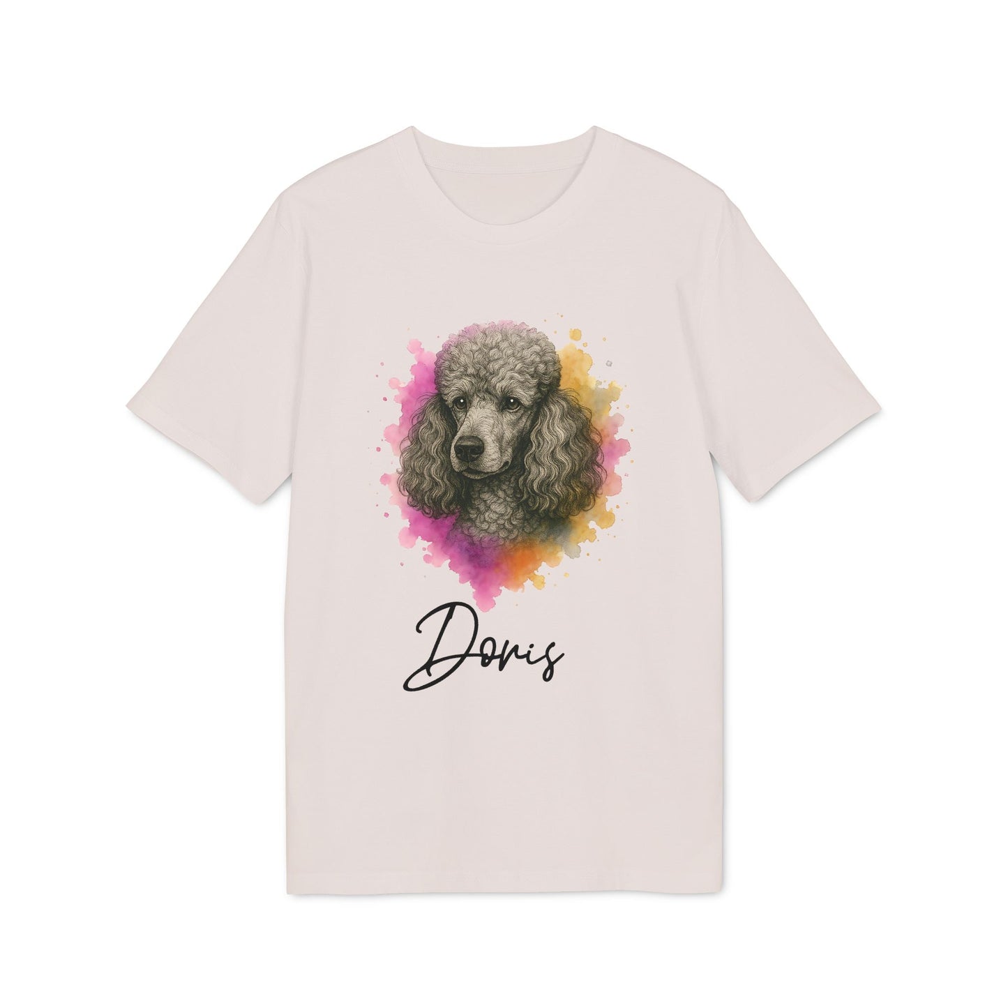 Poodle Dog Personalized Sustainable Unisex Tee con ilustración de caniche y nombre personalizado "Doris" en camiseta color crema