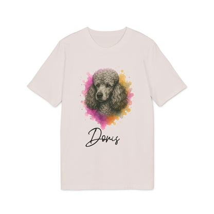 Poodle Dog Personalized Sustainable Unisex Tee con ilustración de caniche y nombre personalizado "Doris" en camiseta color crema