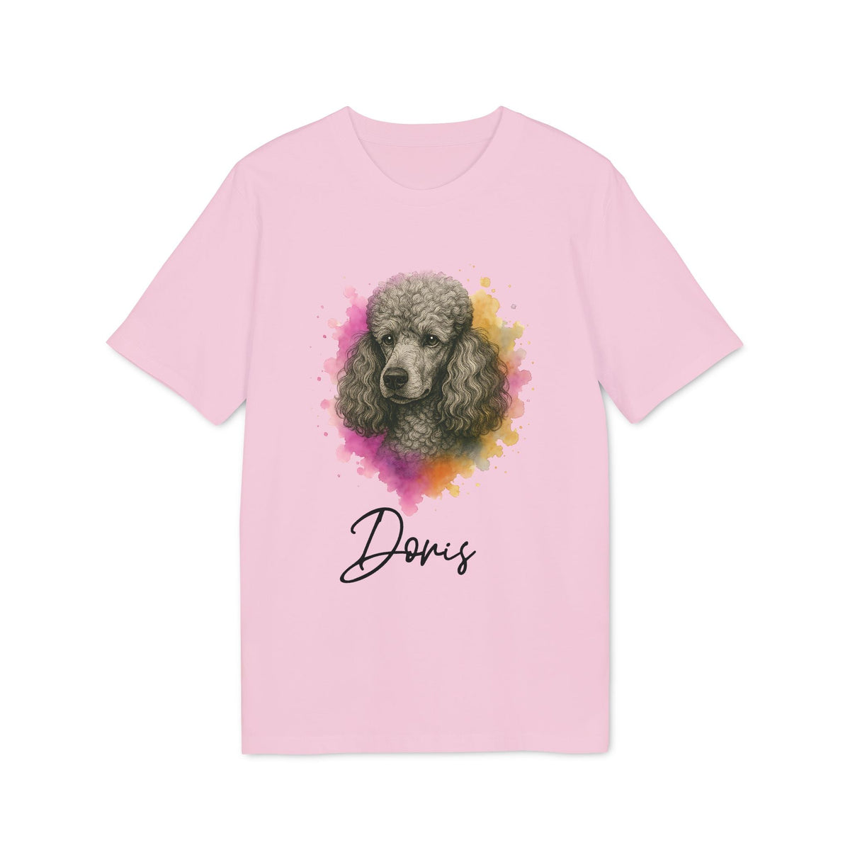 Alt Tag: Poodle Dog Personalized Sustainable Unisex Tee camiseta unisex rosa con retrato de caniche y nombre personalizado “Doris”