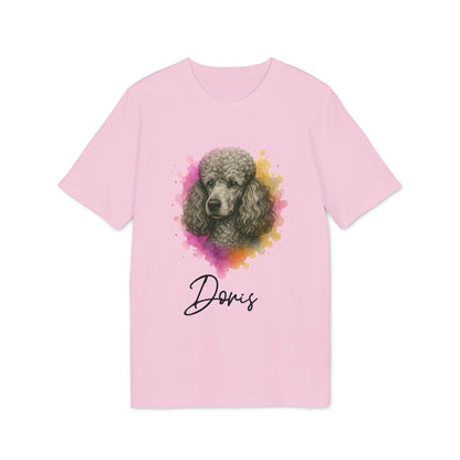 Alt Tag: Poodle Dog Personalized Sustainable Unisex Tee camiseta unisex rosa con retrato de caniche y nombre personalizado “Doris”