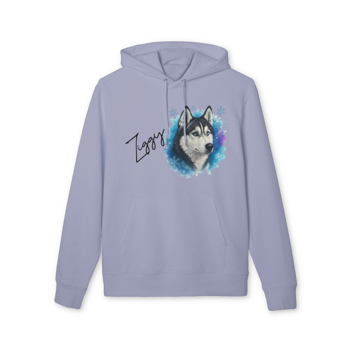 Personalized Siberian Husky Dog 100% Organic Cotton Hoodie in light blue with husky portrait and custom name 