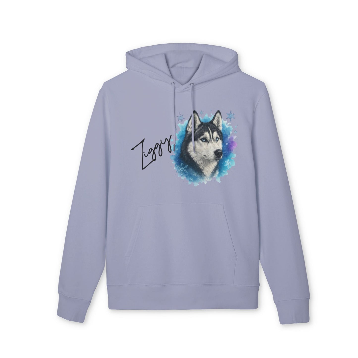 Personalized Siberian Husky Dog 100% Organic Cotton Hoodie in light blue with husky portrait and custom name "Zappy"