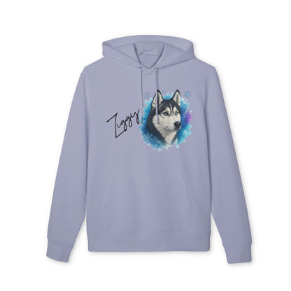 Personalized Siberian Husky Dog 100% Organic Cotton Hoodie in light blue with husky portrait and custom name "Zappy"