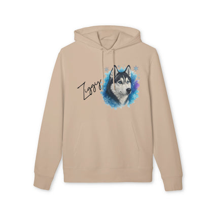 Alt Tag: Personalized Siberian Husky Dog 100% Organic Cotton Hoodie beige with Siberian Husky portrait graphic and custom name print