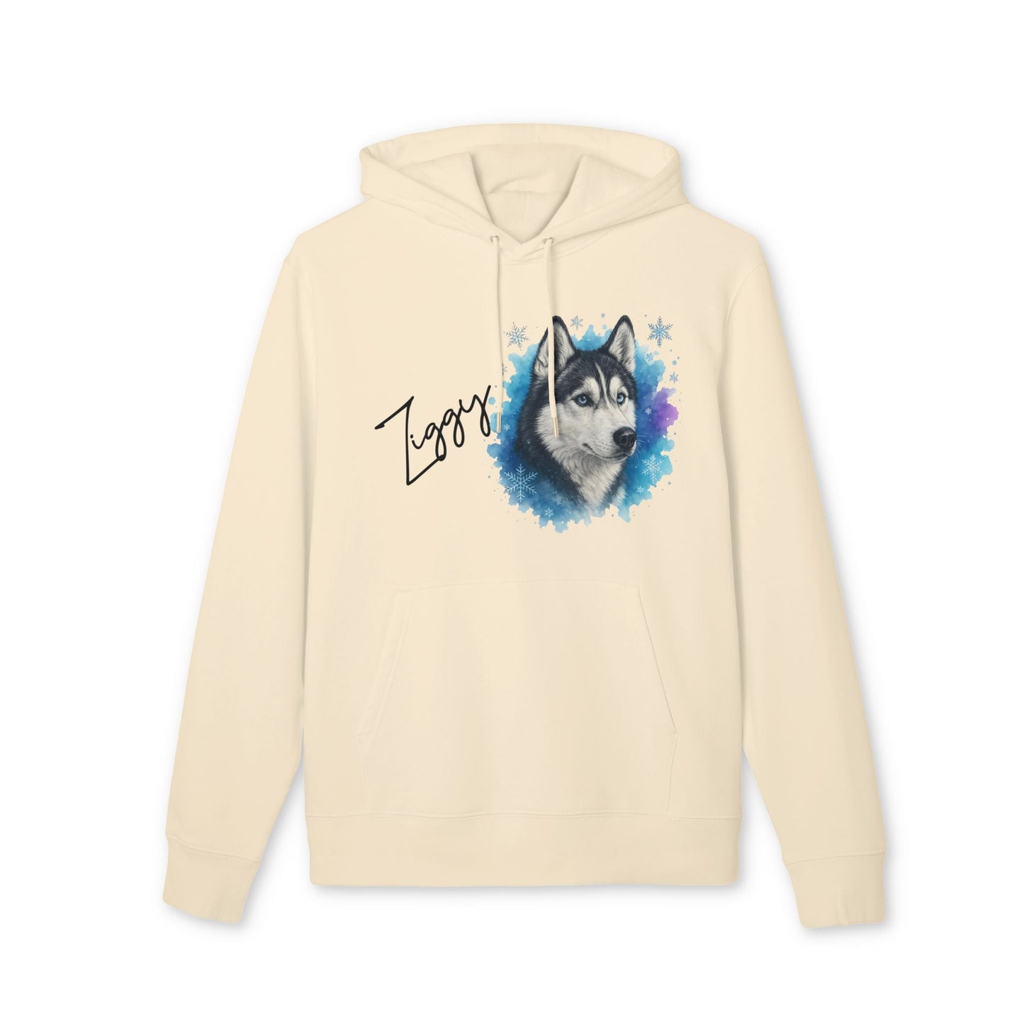 Alt Tag: Personalized Siberian Husky Dog 100% Organic Cotton Hoodie crema con capucha, ilustración de husky azul y nombre personalizado "Zappa"
