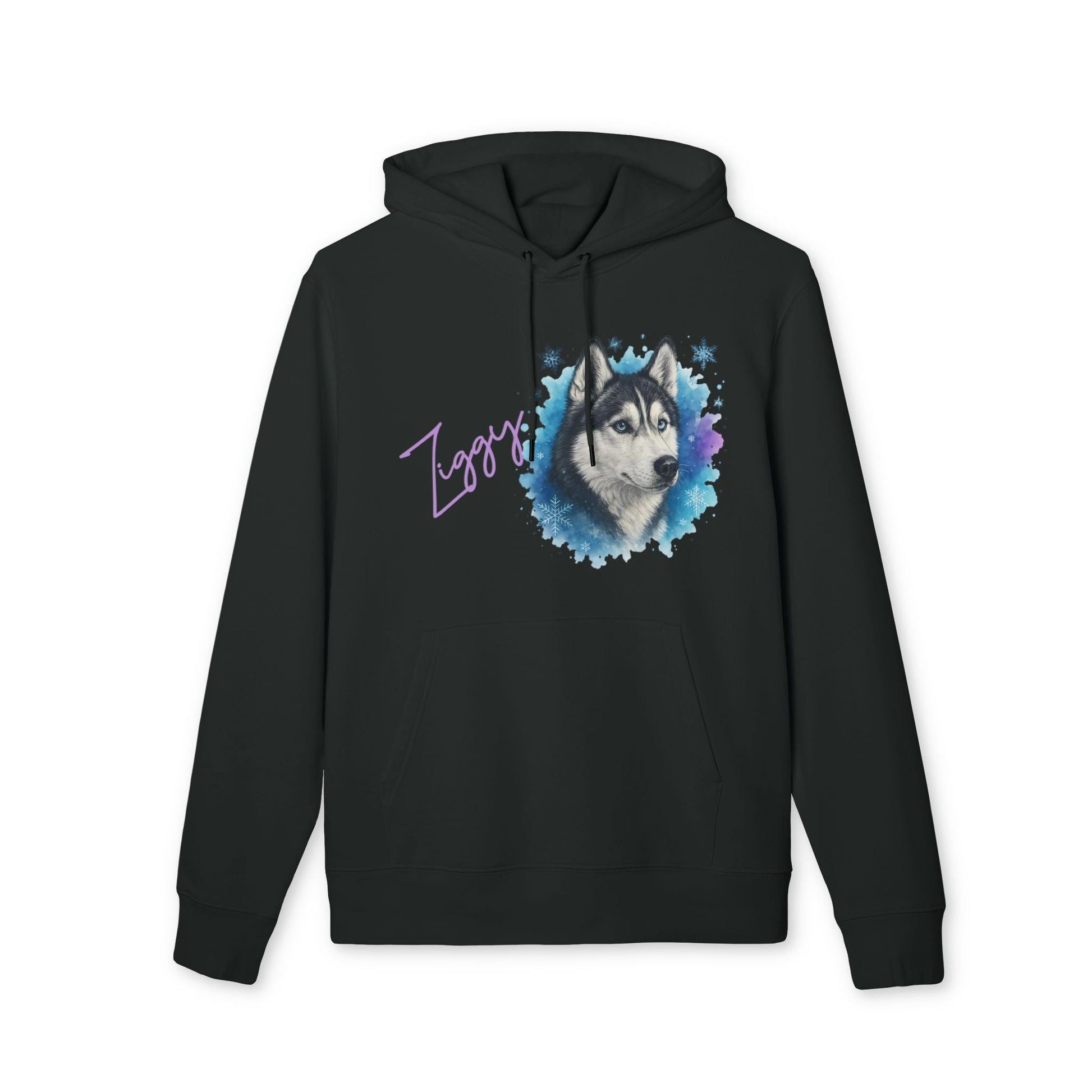Alt Tag: Personalized Siberian Husky Dog 100% Organic Cotton Hoodie in black with watercolor husky portrait and custom name graphic