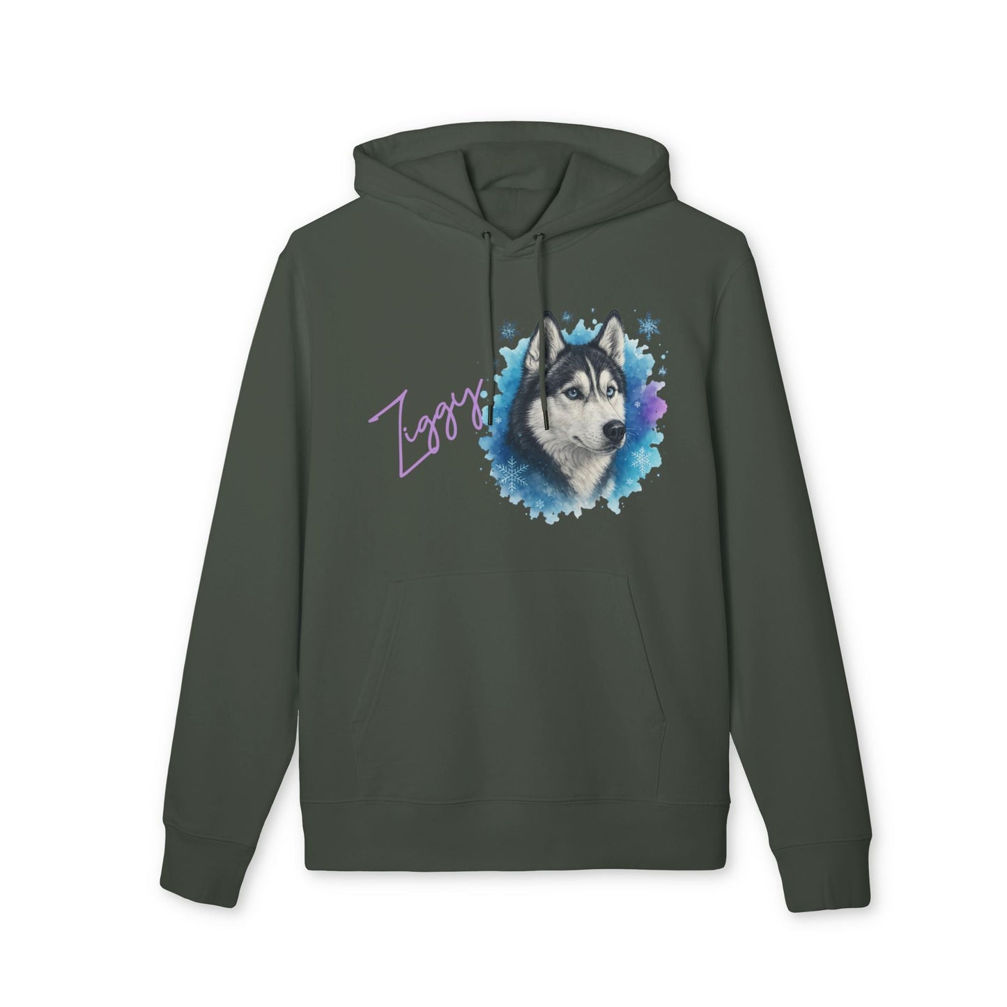 Alt Tag: Personalized Siberian Husky Dog 100% Organic Cotton Hoodie verde con capucha, retrato de husky estilo acuarela y nombre personalizado