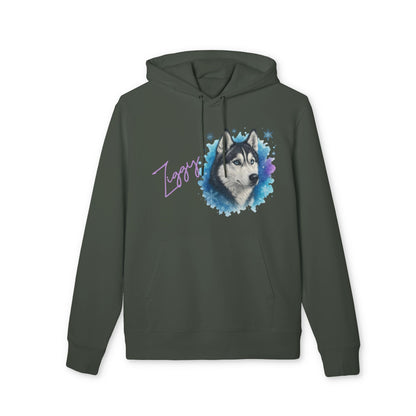 Alt Tag: Personalized Siberian Husky Dog 100% Organic Cotton Hoodie verde con capucha, retrato de husky estilo acuarela y nombre personalizado