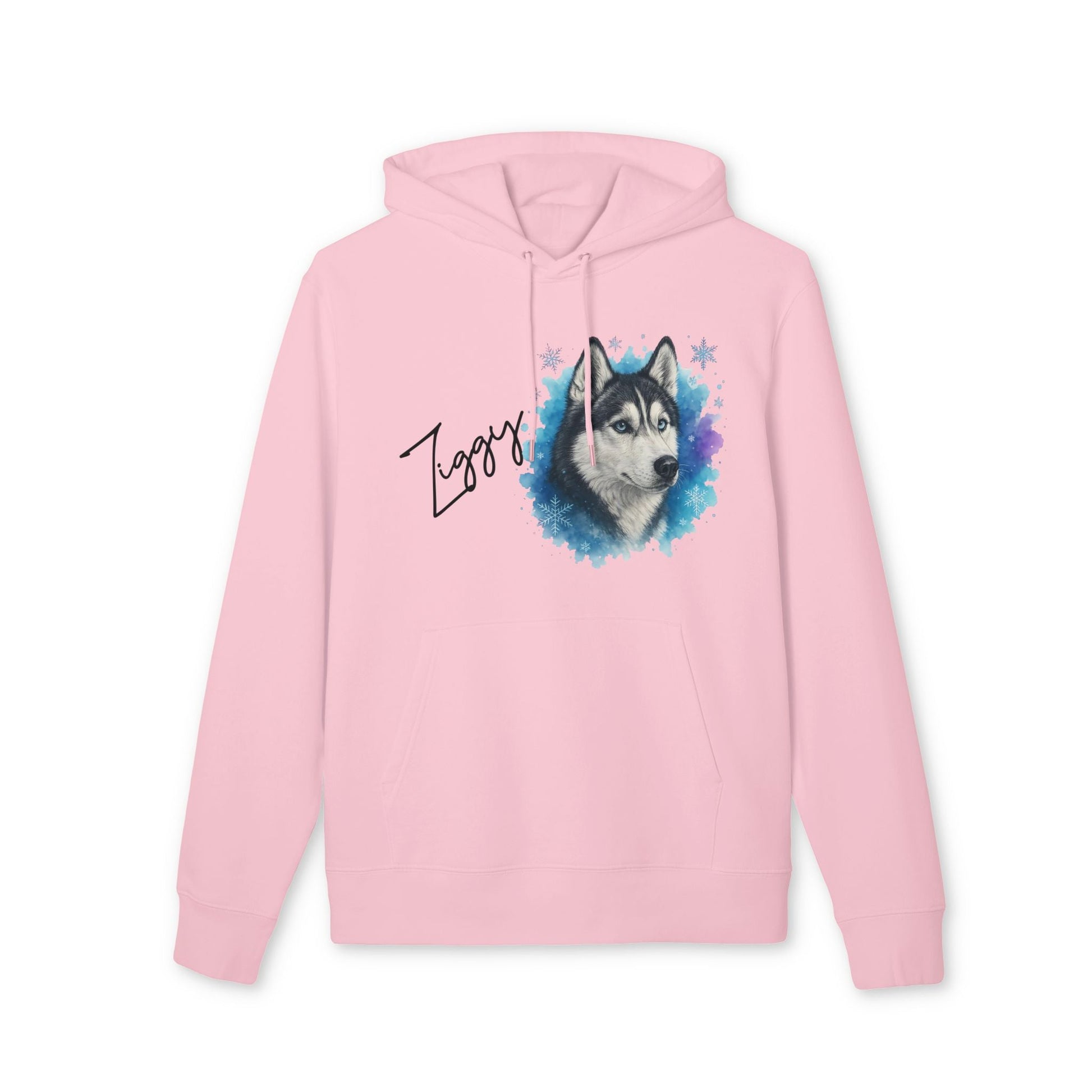 Alt Tag: Personalized Siberian Husky Dog 100% Organic Cotton Hoodie rosa con capucha, ilustración de husky y nombre personalizado en el pecho
