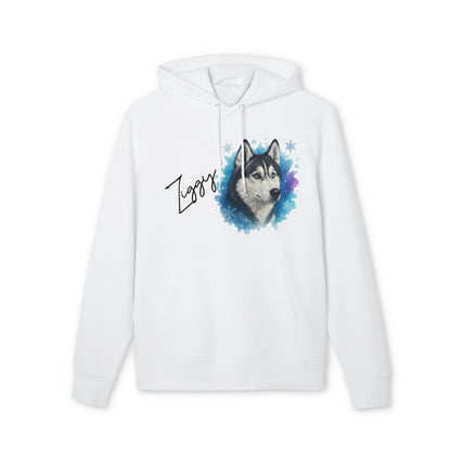 Alt Tag: Personalized Siberian Husky Dog 100% Organic Cotton Hoodie white hoodie with husky portrait watercolor print and name Zappy