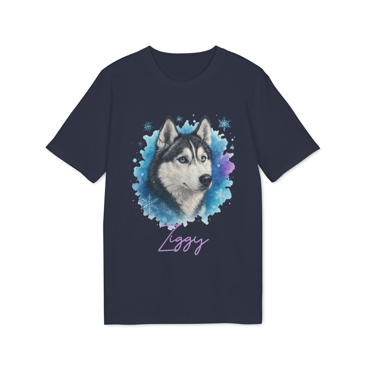 Alt Tag: Siberian Husky Personalized Premium Unisex T-Shirt in navy with husky portrait graphic and custom name 