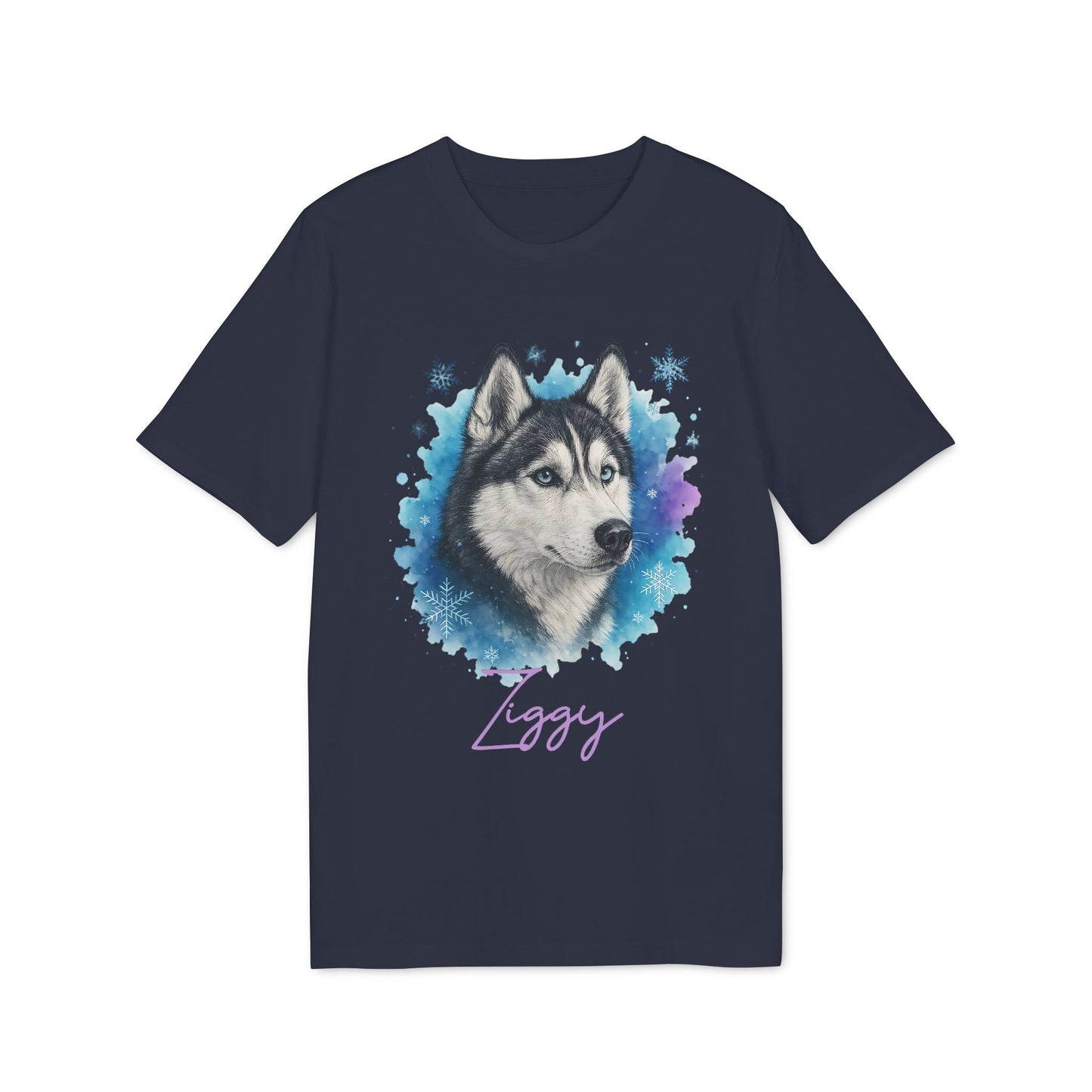 Alt Tag: Siberian Husky Personalized Premium Unisex T-Shirt in navy with husky portrait graphic and custom name "Ziggy"