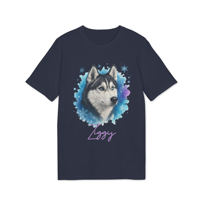 Alt Tag: Siberian Husky Personalized Premium Unisex T-Shirt in navy with husky portrait graphic and custom name "Ziggy"