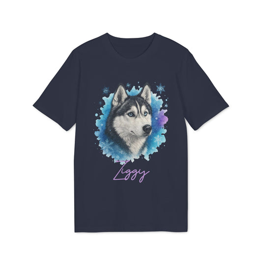 Alt Tag: Siberian Husky Personalized Premium Unisex T-Shirt in navy with husky portrait graphic and custom name "Ziggy"