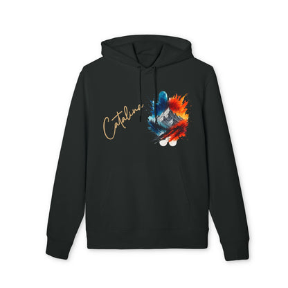 Personalized Ski 100% Organic Cotton Hoodie negro con capucha, nombre "Catalina" y diseño de montaña y esquís en colores