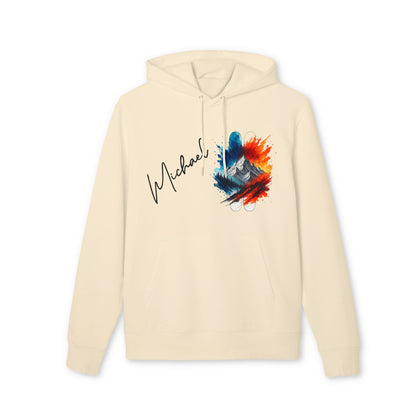 Alt Tag: Personalized Ski 100% Organic Cotton Hoodie in cream, personalized name and colorful mountain graphic on front