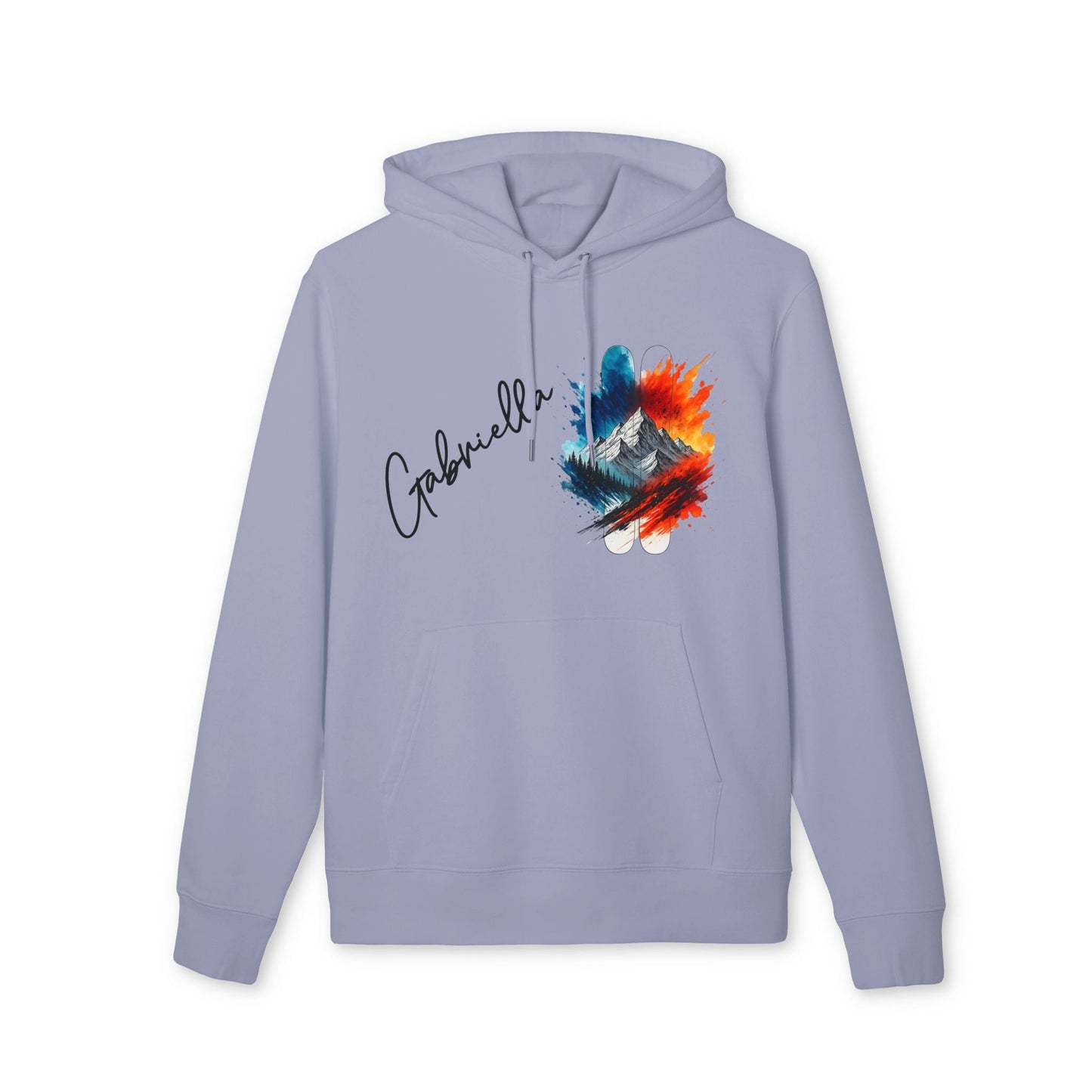 Alt Tag: Personalized Ski 100% Organic Cotton Hoodie in light lavender with custom name and mountain ski graphic, front view