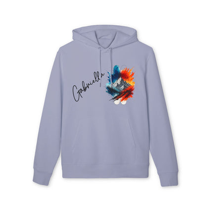 Alt Tag: Personalized Ski 100% Organic Cotton Hoodie in light lavender with custom name and mountain ski graphic, front view
