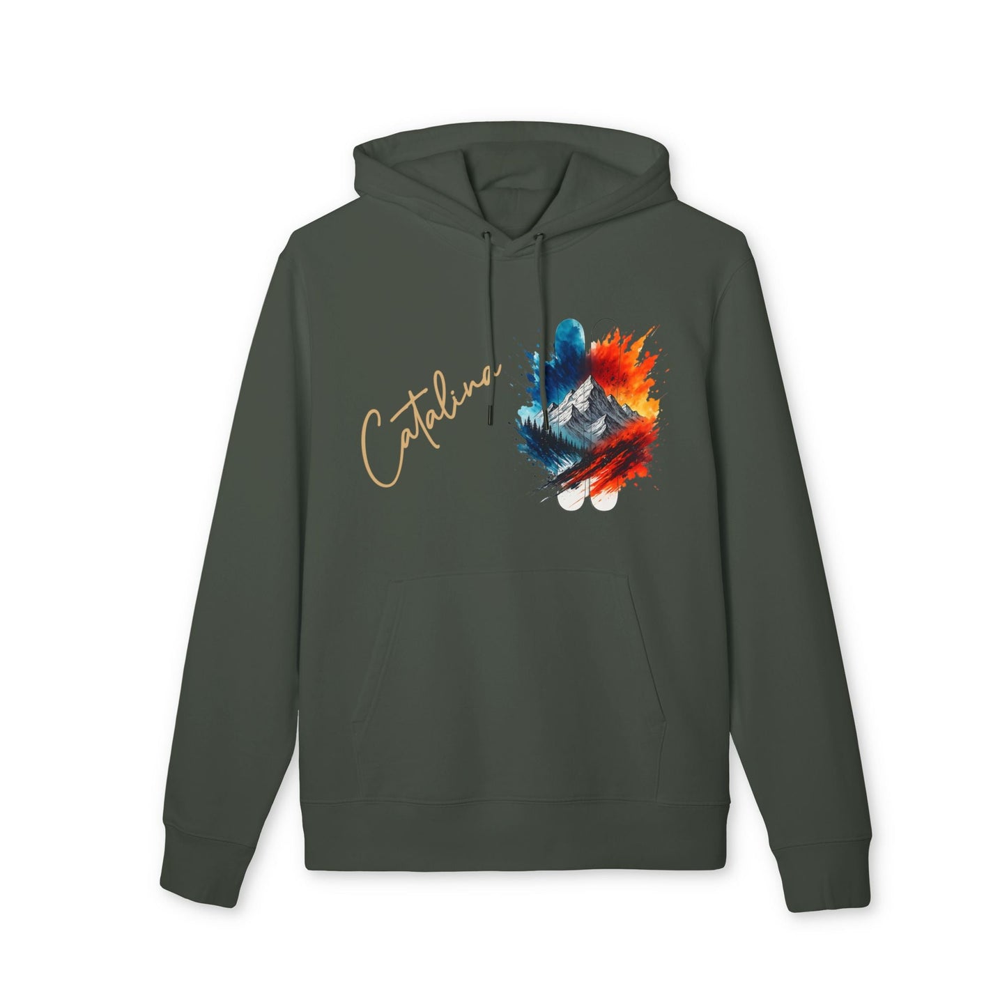 Alt Tag: Personalized Ski 100% Organic Cotton Hoodie in dark green with custom name and colorful mountain ski graphic on front