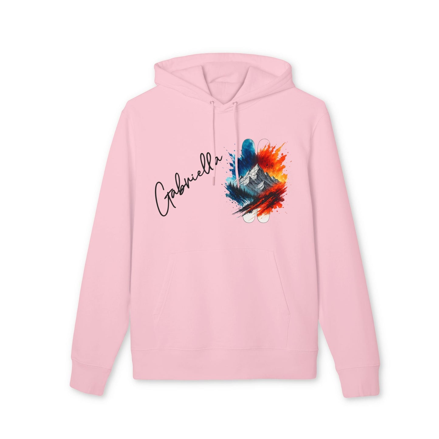 Alt Tag: Personalized Ski 100% Organic Cotton Hoodie in pink with custom name and colorful mountain ski graphic on front