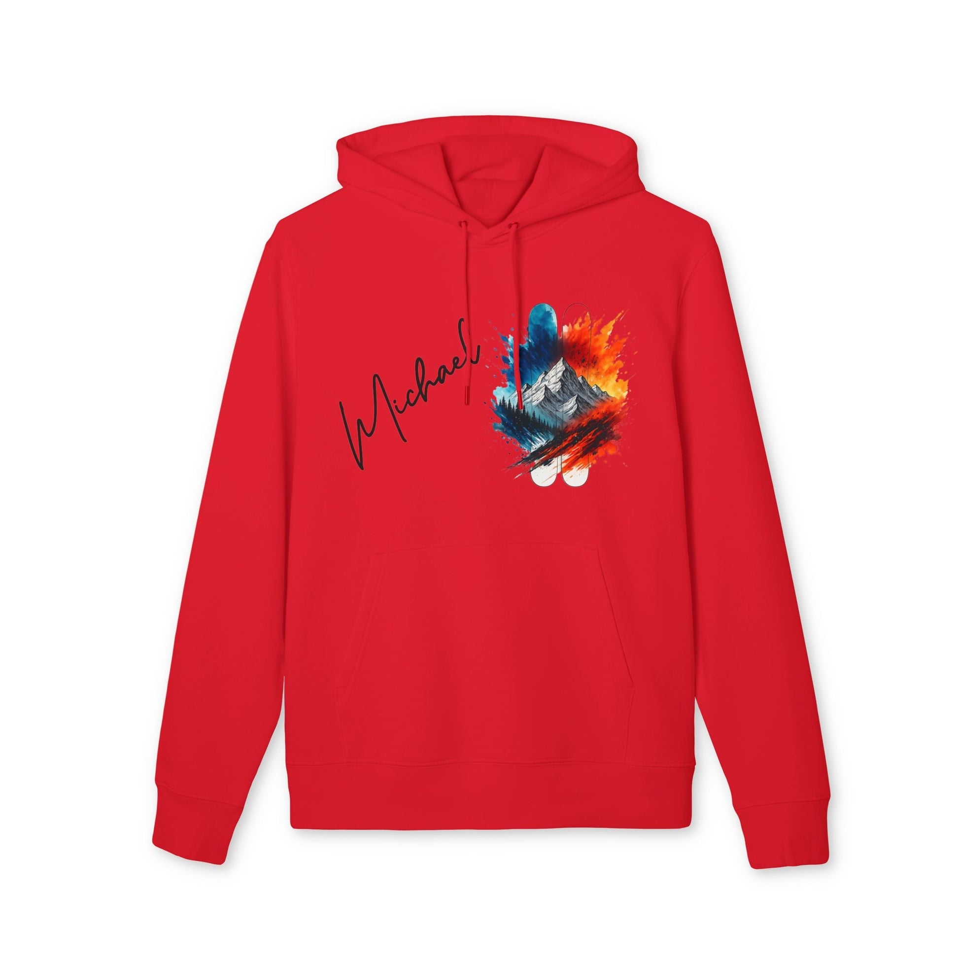 Personalized Ski 100% Organic Cotton Hoodie red pullover with hood and ski graphic with personalized name on chest