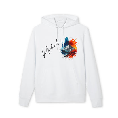 Alt Tag: Personalized Ski 100% Organic Cotton Hoodie white hoodie with mountain ski graphic and personalized name print