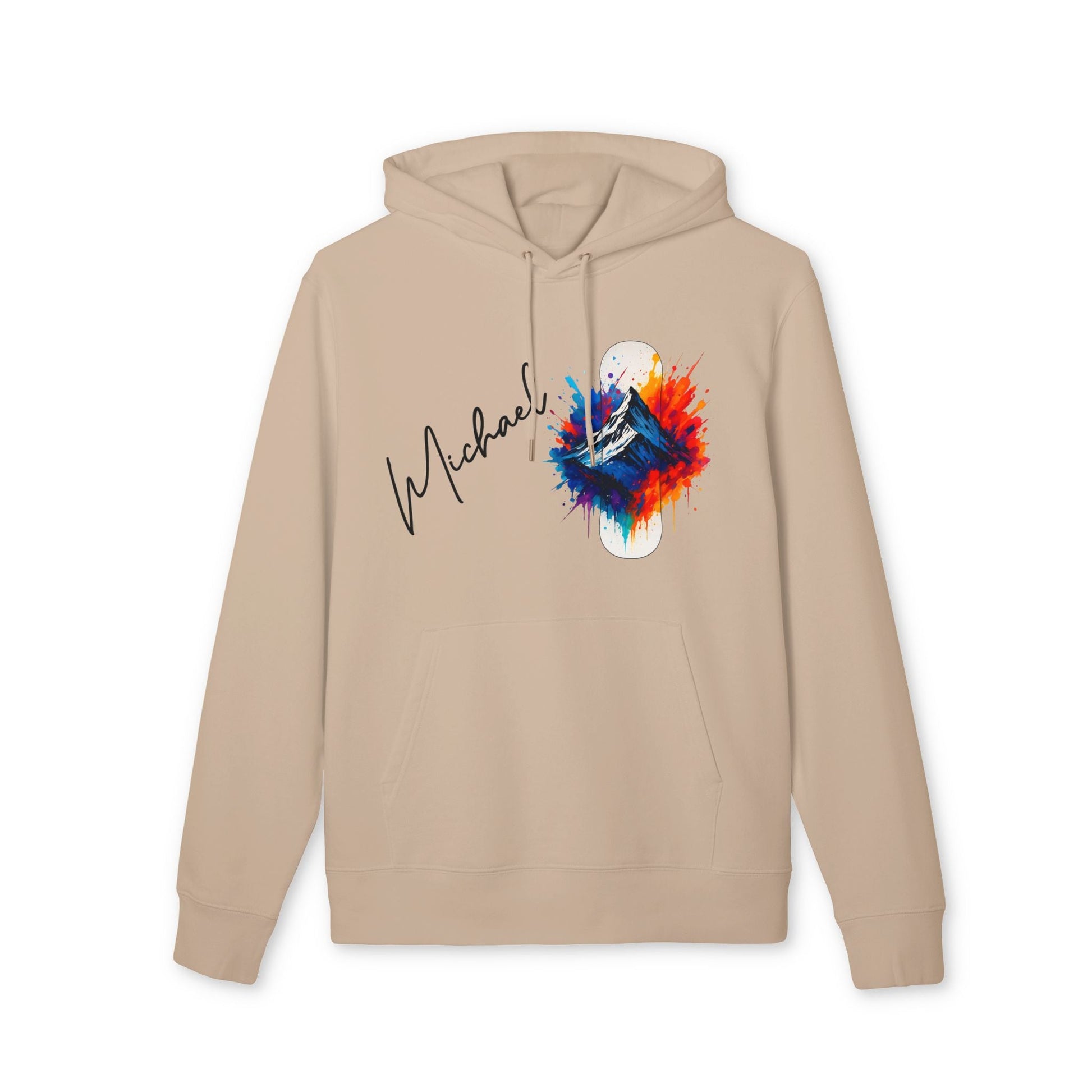 Personalized Snowboard 100% Organic Cotton Hoodie beige with "Michael" name and colorful snowboard graphic on front