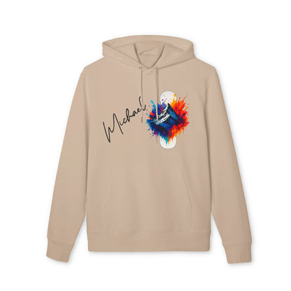 Personalized Snowboard 100% Organic Cotton Hoodie beige with "Michael" name and colorful snowboard graphic on front