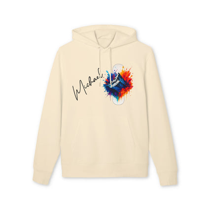 Alt Tag: Personalized Snowboard 100% Organic Cotton Hoodie color crema con capucha, gráfico de snowboard acuarela y nombre personalizado "Michael"
