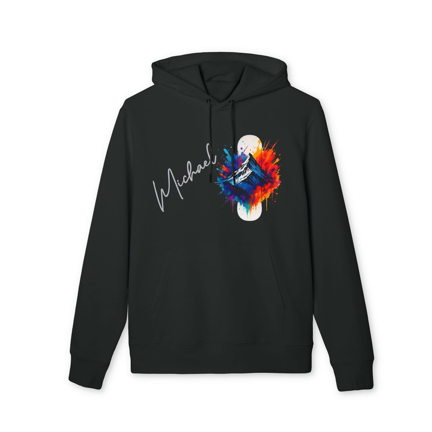 Alt Tag: Personalized Snowboard 100% Organic Cotton Hoodie negra con nombre personalizado y gráfico colorido de snowboard en el pecho