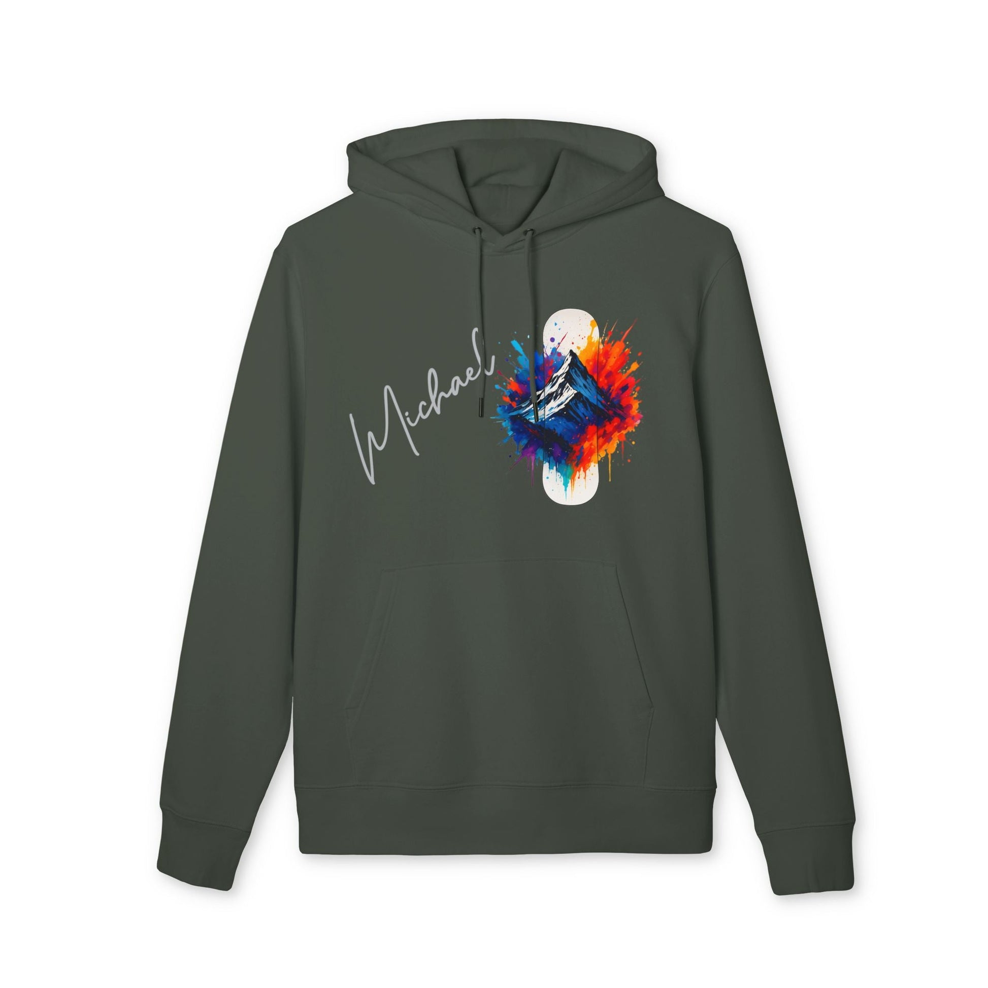 Personalized Snowboard 100% Organic Cotton Hoodie verde oscuro con capucha, nombre personalizado y gráfico de snowboard con salpicadura de color