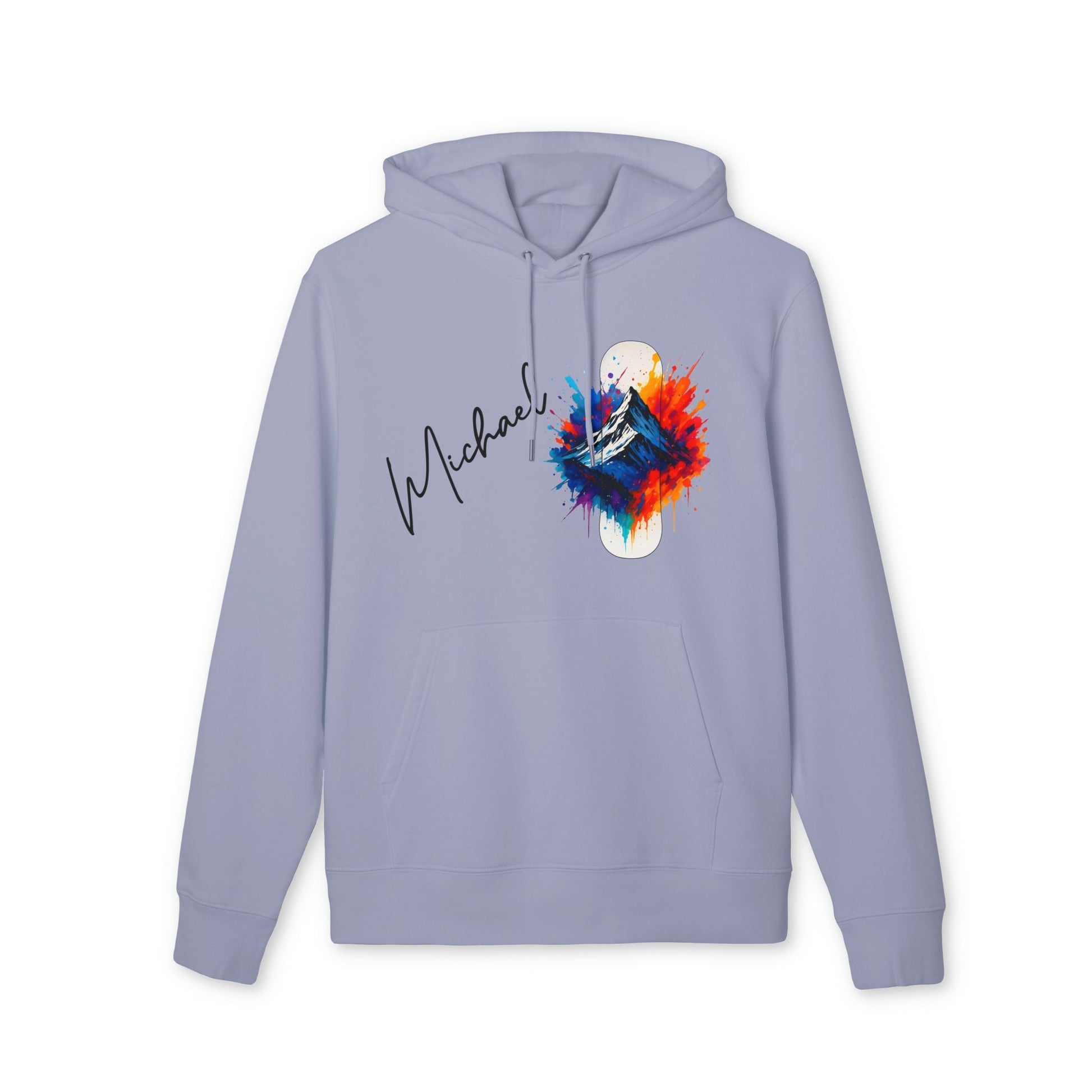 Alt Tag: Personalized Snowboard 100% Organic Cotton Hoodie gris con capucha, nombre personalizado y gráfico de snowboard con salpicaduras de color