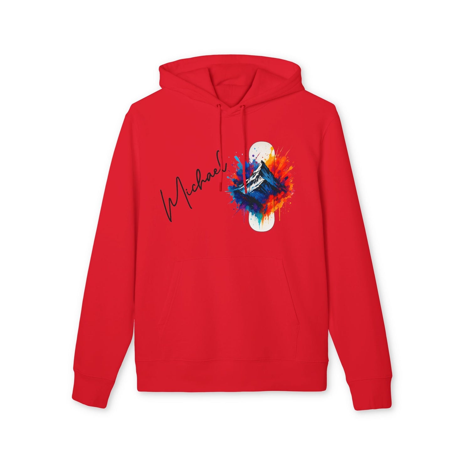 Alt Tag: Personalized Snowboard 100% Organic Cotton Hoodie red hoodie with custom name and colorful snowboard mountain graphic