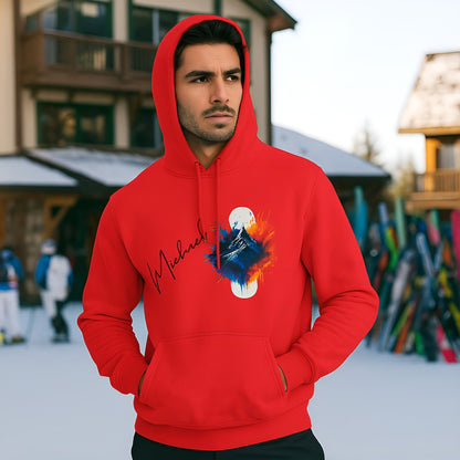 Personalized Snowboard 100% Organic Cotton Hoodie red hoodie with mountain graphic and name print, worn at snowy ski resort