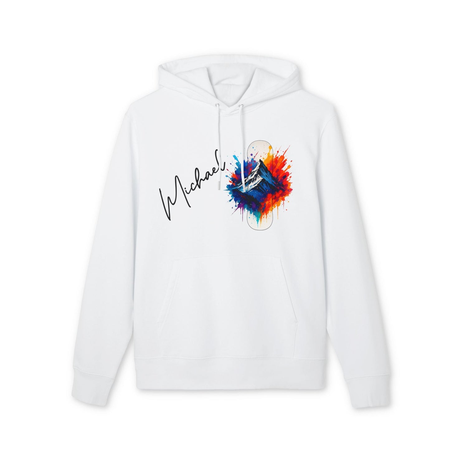 Alt Tag: Personalized Snowboard 100% Organic Cotton Hoodie blanco con nombre personalizado y gráfico de snowboard con salpicaduras de color