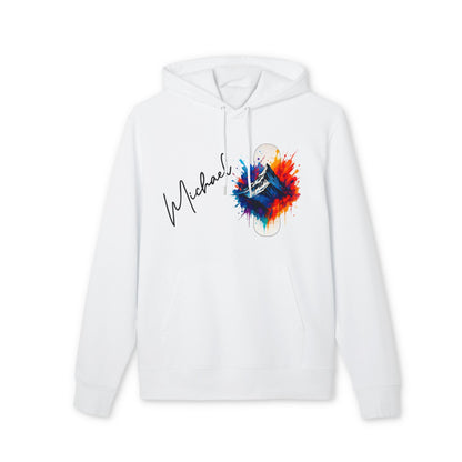 Alt Tag: Personalized Snowboard 100% Organic Cotton Hoodie blanco con nombre personalizado y gráfico de snowboard con salpicaduras de color