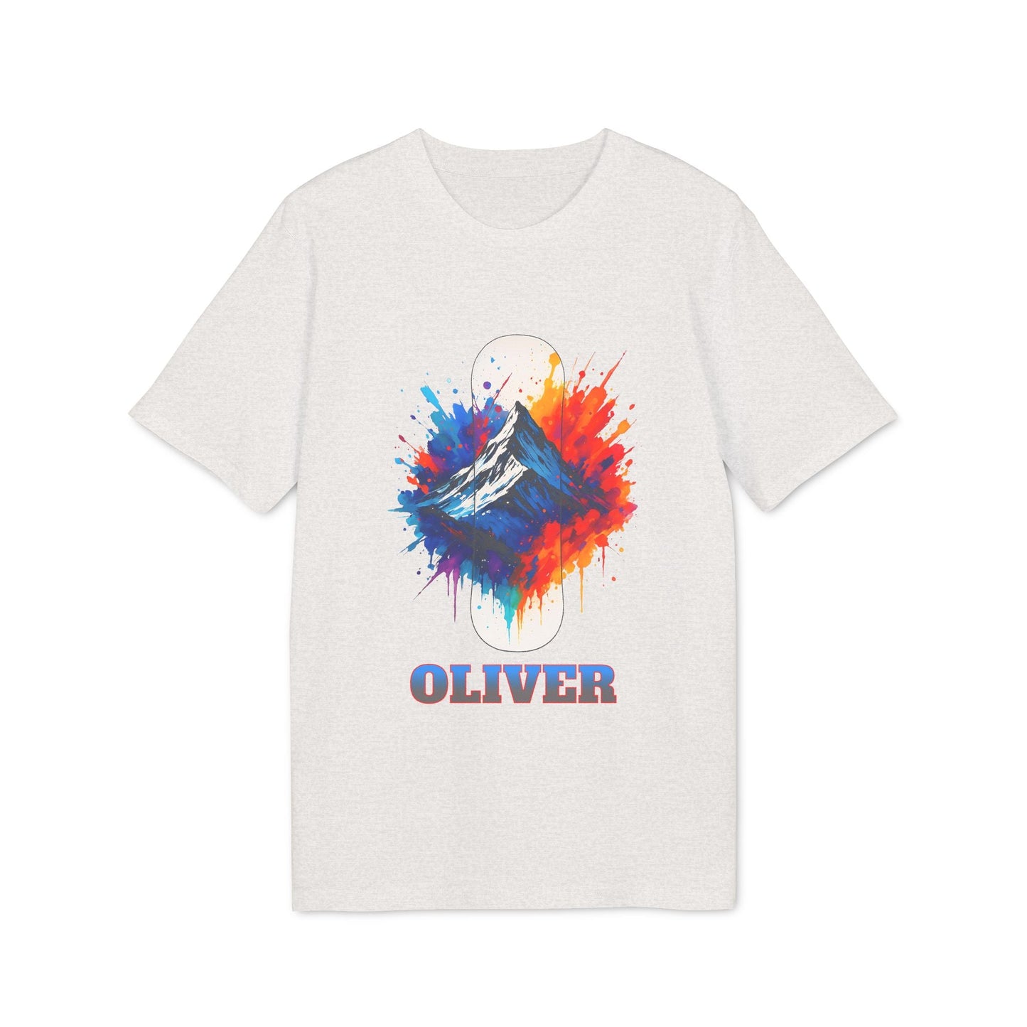 Personalized Snowboard 100% Organic Cotton T-Shirt blanca con diseño de montaña estilo acuarela y nombre personalizado OLIVER