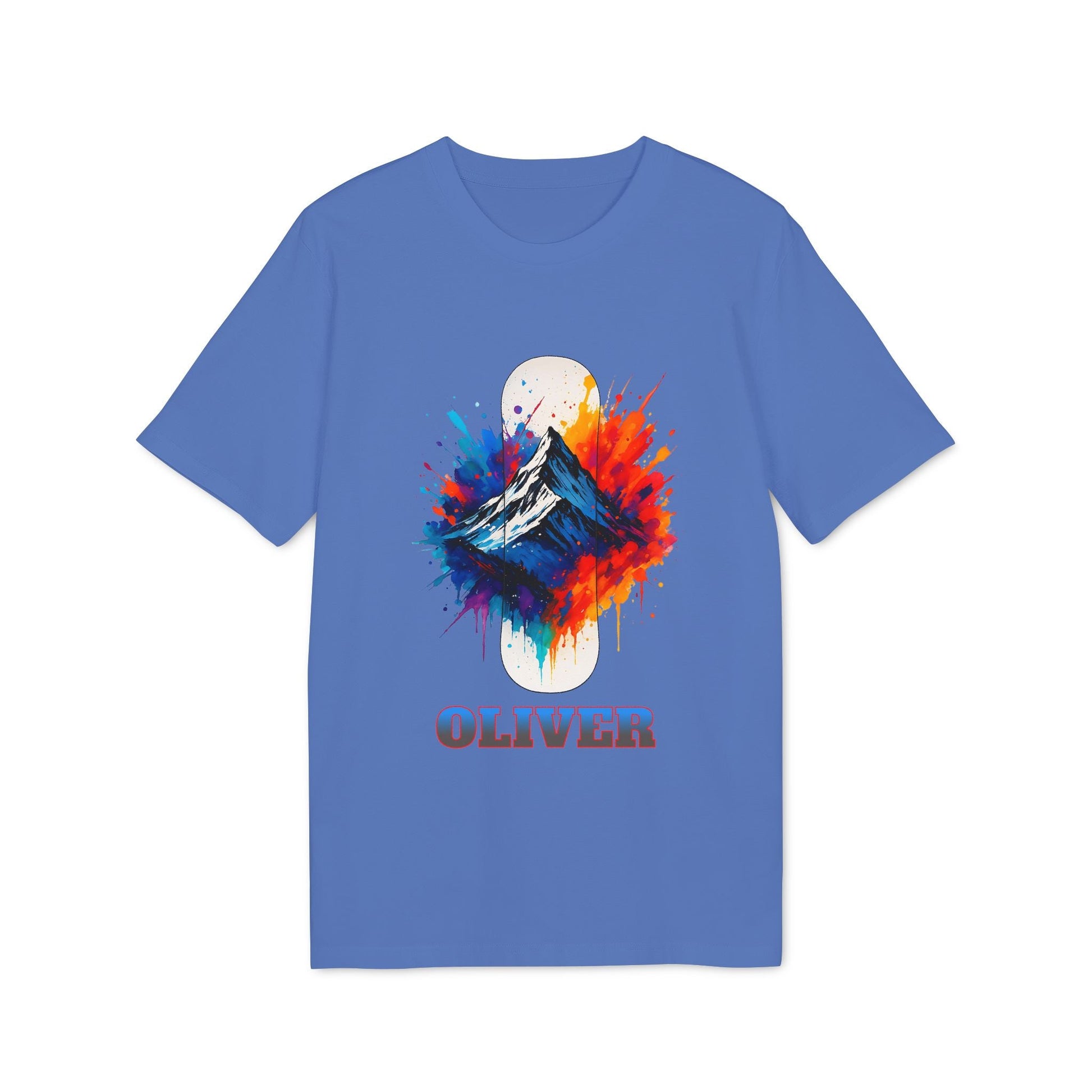 Alt Tag: Personalized Snowboard 100% Organic Cotton T-Shirt azul con gráfico de montaña sobre snowboard y nombre personalizado “OLIVER”