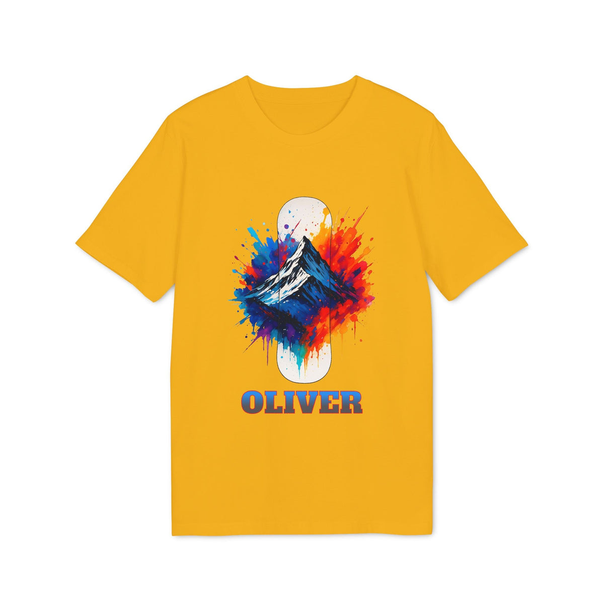 Alt Tag: Personalized Snowboard 100% Organic Cotton T-Shirt amarillo con gráfico de montaña estilo acuarela y nombre personalizado OLIVER