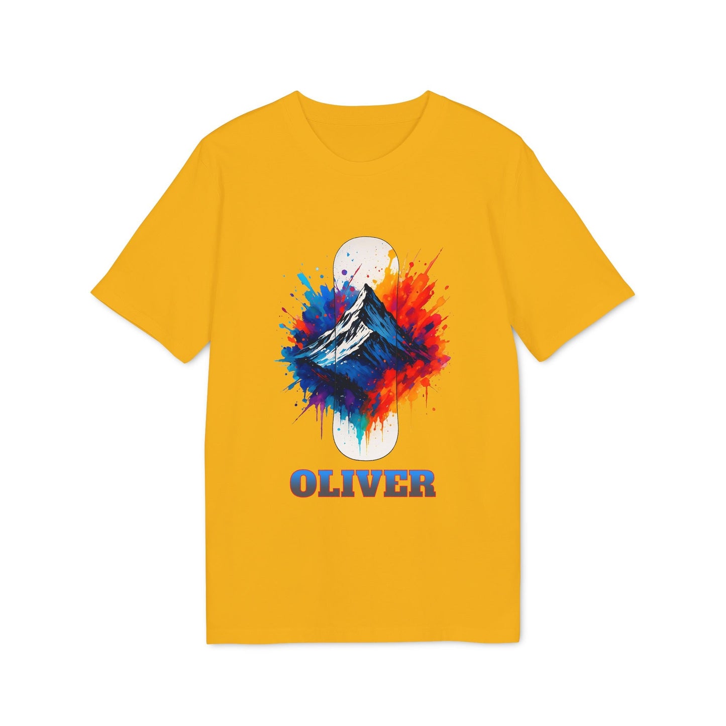 Alt Tag: Personalized Snowboard 100% Organic Cotton T-Shirt amarillo con gráfico de montaña estilo acuarela y nombre personalizado OLIVER