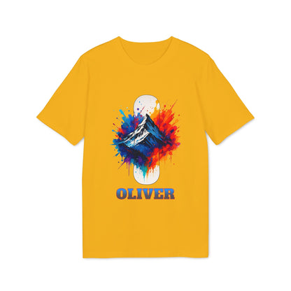 Alt Tag: Personalized Snowboard 100% Organic Cotton T-Shirt amarillo con gráfico de montaña estilo acuarela y nombre personalizado OLIVER