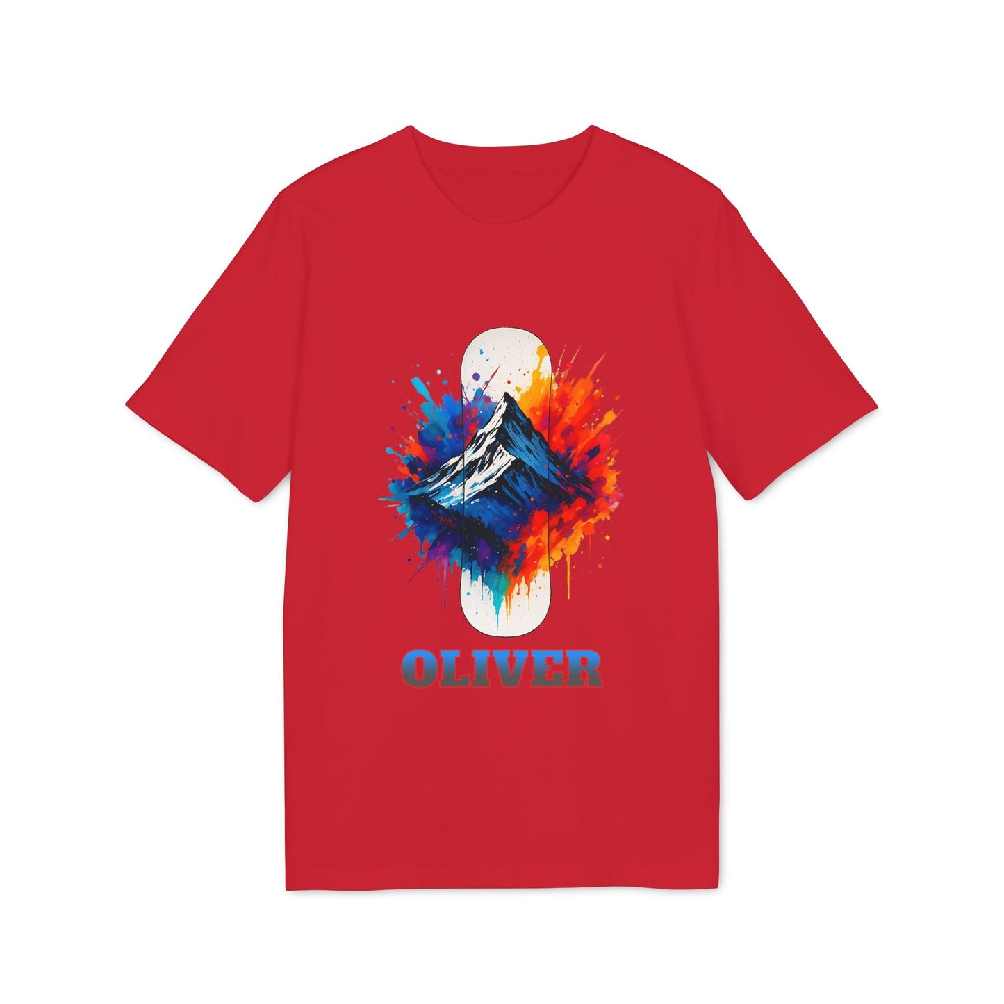 Personalized Snowboard 100% Organic Cotton T-Shirt roja con gráfico de montaña estilo acuarela y nombre personalizado "OLIVER"