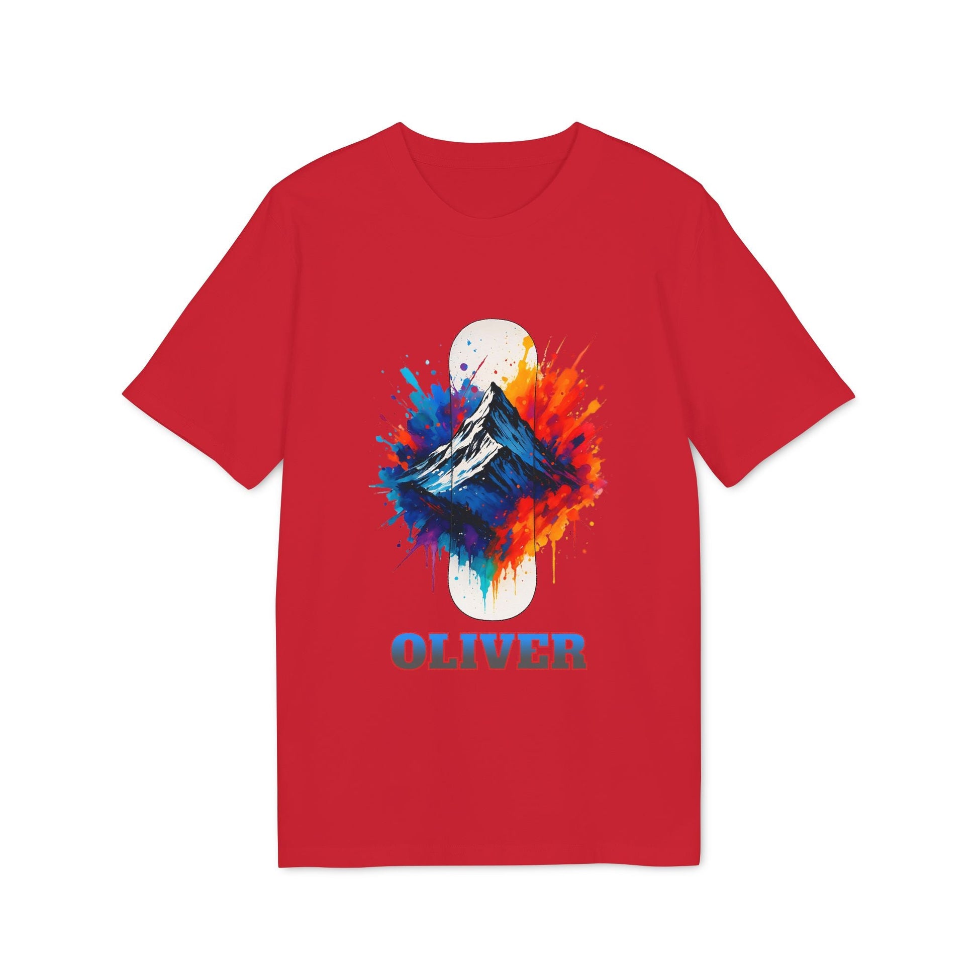 Personalized Snowboard 100% Organic Cotton T-Shirt roja con gráfico de montaña estilo acuarela y nombre personalizado "OLIVER"