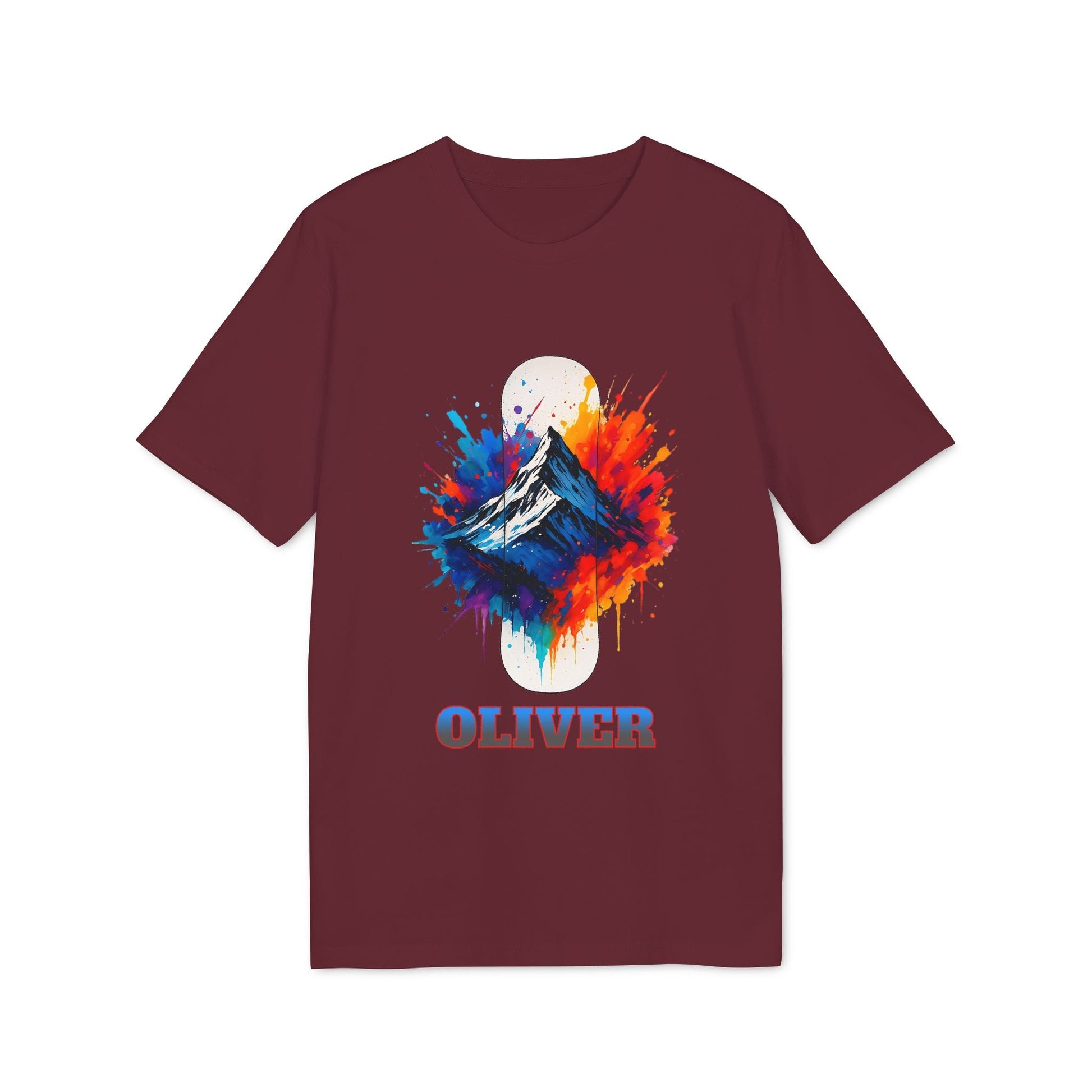 Alt Tag: Personalized Snowboard 100% Organic Cotton T-Shirt burgundy tee with colorful mountain snowboard graphic and custom name OLIVER