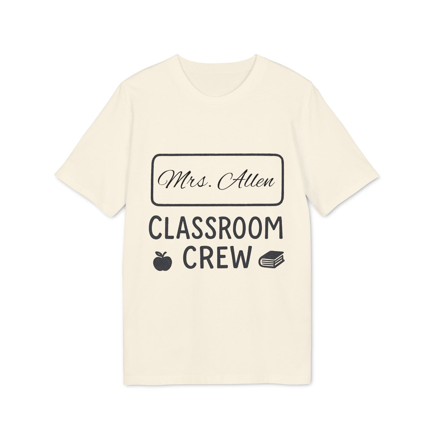 Teacher Personalized Gift Teacher Premium Unisex T-Shirt featuring “Mrs. Allen Classroom Crew” design with apple and book icons