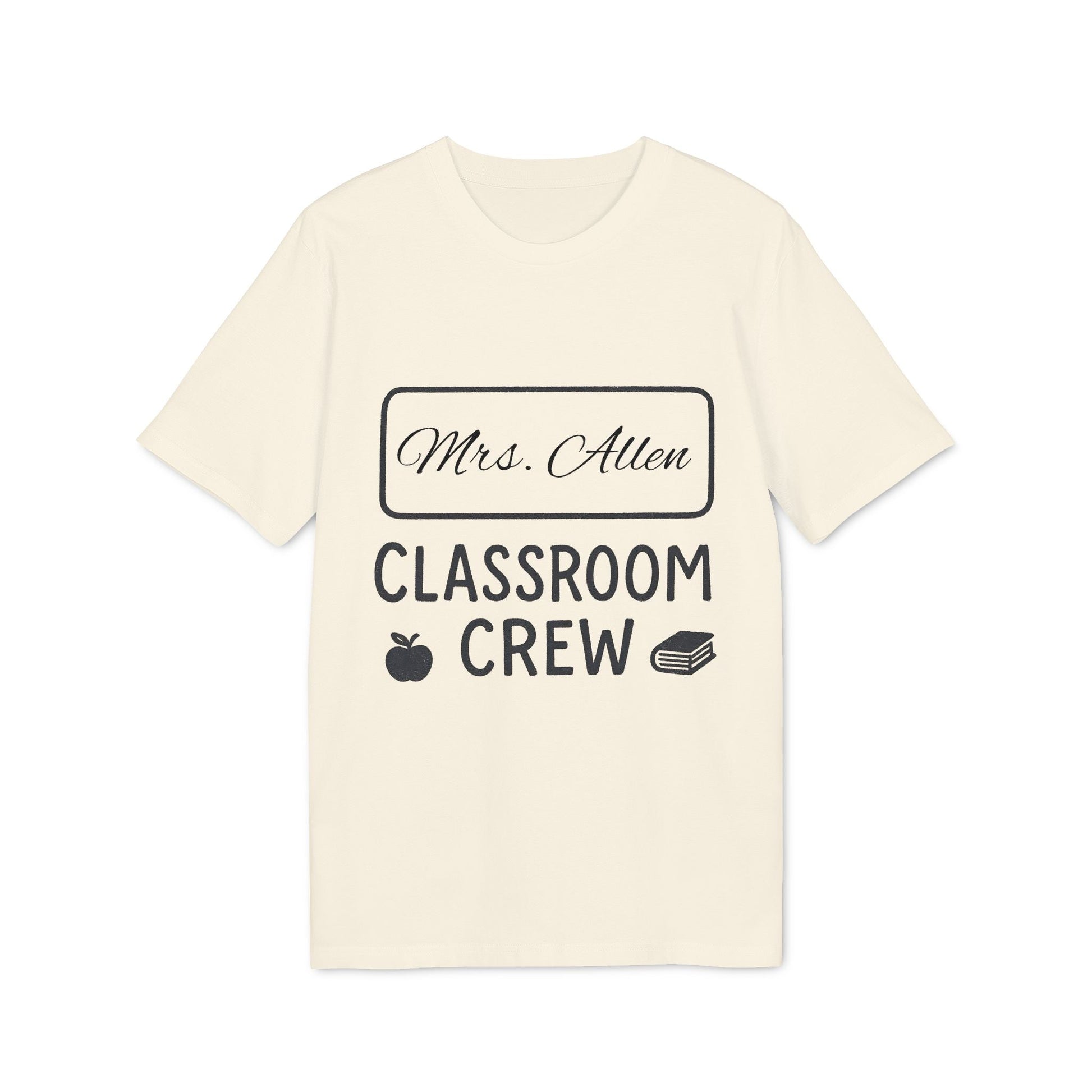 Teacher Personalized Gift Teacher Premium Unisex T-Shirt featuring “Mrs. Allen Classroom Crew” design with apple and book icons