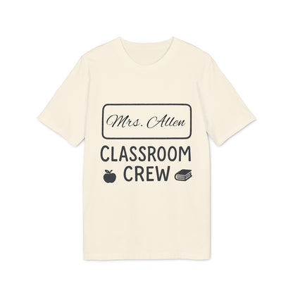 Teacher Personalized Gift Teacher Premium Unisex T-Shirt featuring “Mrs. Allen Classroom Crew” design with apple and book icons