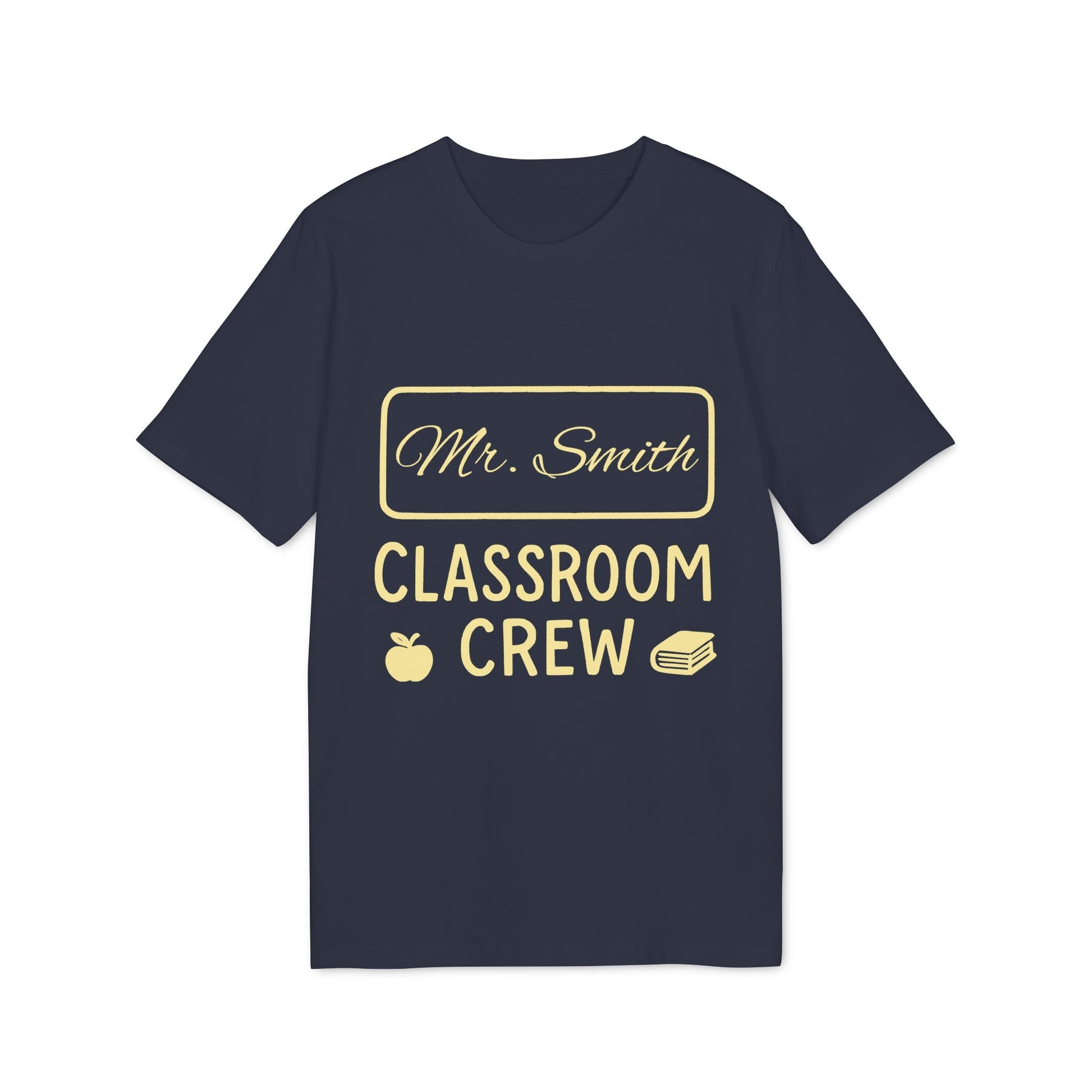Teacher Personalized Gift Teacher Premium Unisex T-Shirt navy tee with “Mr. Smith Classroom Crew” text, apple and books icons