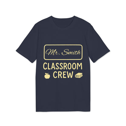 Teacher Personalized Gift Teacher Premium Unisex T-Shirt navy tee with “Mr. Smith Classroom Crew” text, apple and books icons