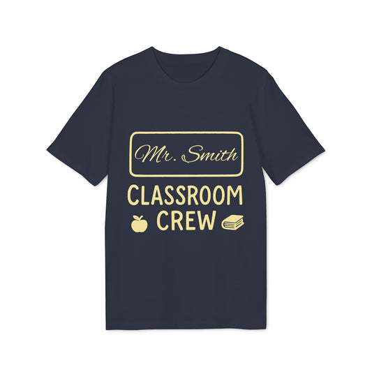 Teacher Personalized Gift Teacher Premium Unisex T-Shirt navy tee with “Mr. Smith Classroom Crew” text, apple and books icons
